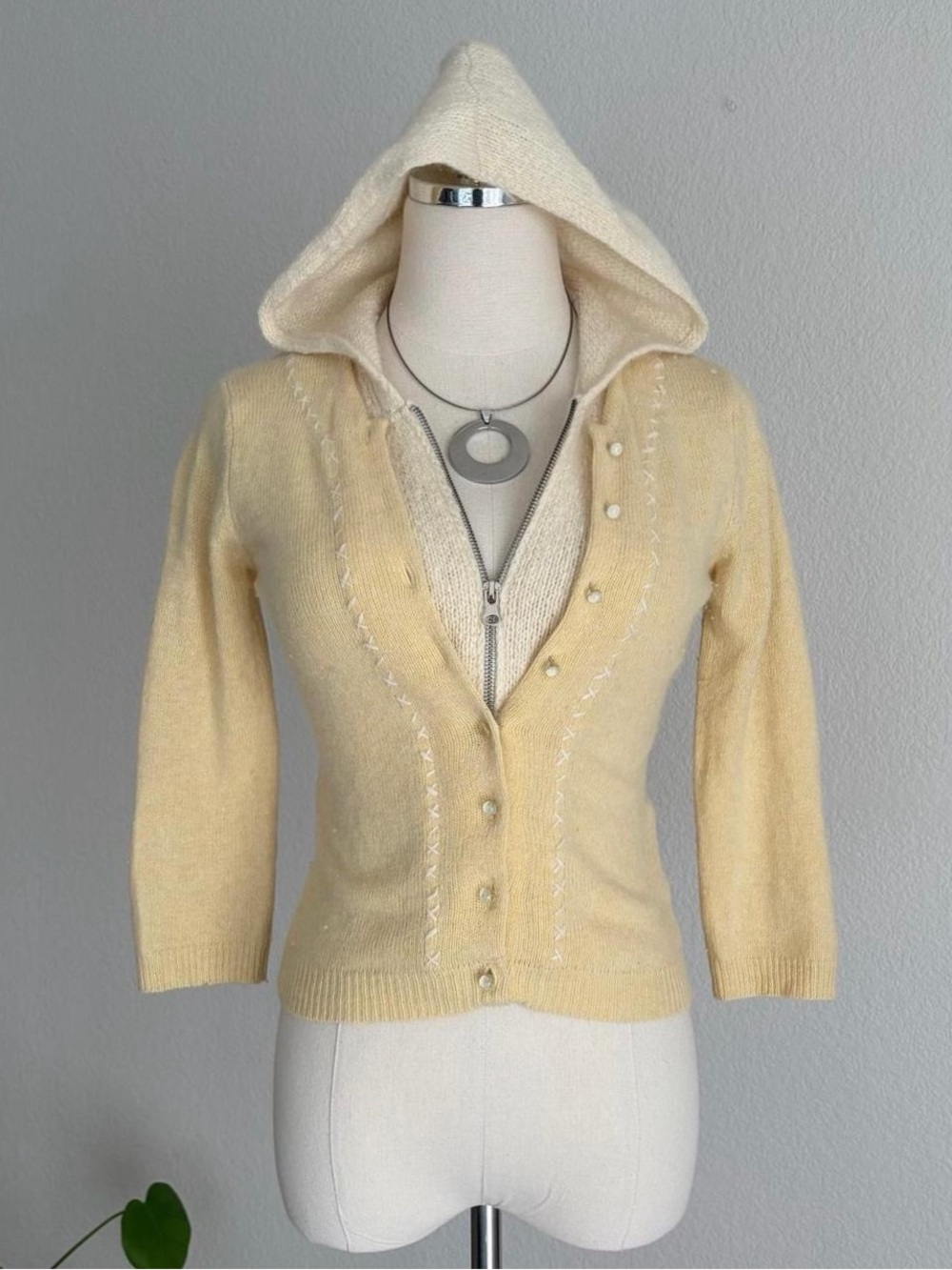 Free People Cream and Pale Yellow Hooded Button-Front Cardigan